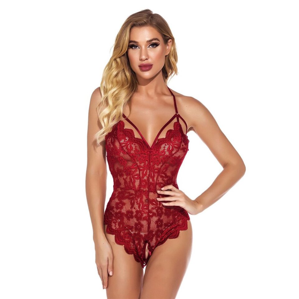 Deep V Teddy Crotchless Jumpsuit