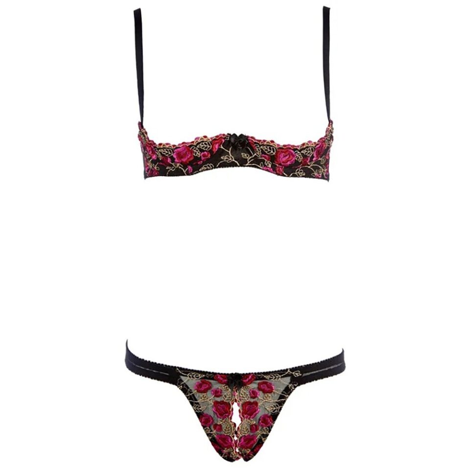 Lace flower embroidered hollow bra and pants set