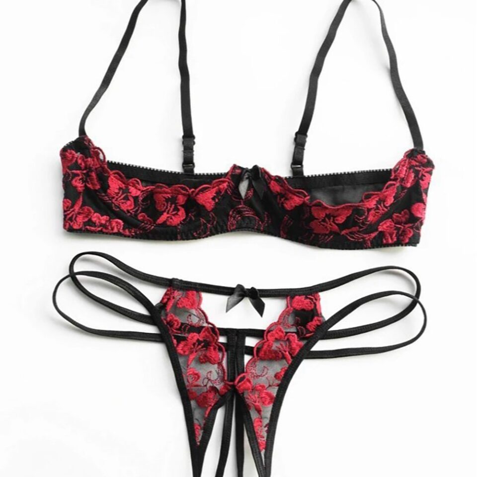 Lace flower embroidered hollow bra and pants set