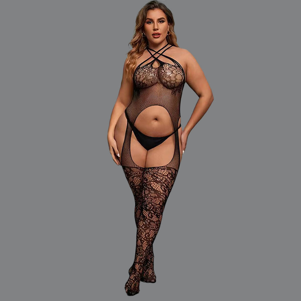 Plus size lace fishnet crotchless basque jumpsuit