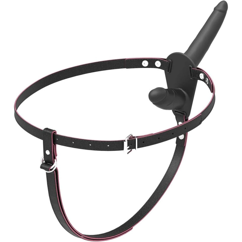 Wearing leather pants double dildo